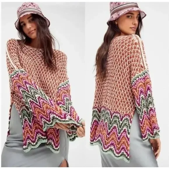 Free People Heatwave Oversized Pullover Cotton Knit Crochet Colorful Sweater - Picture 1 of 13